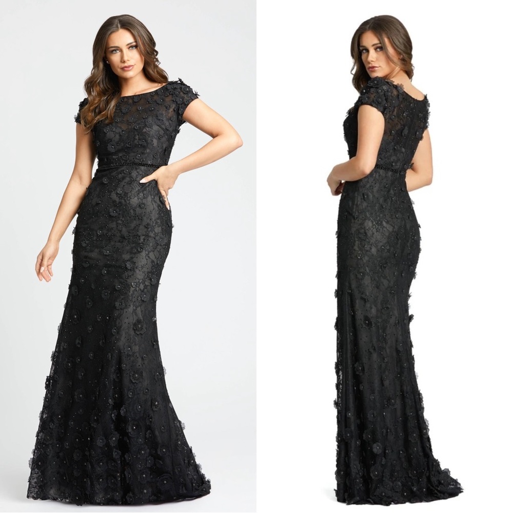 Mac Duggal Black Beaded Cap-Sleeve Evening Gown